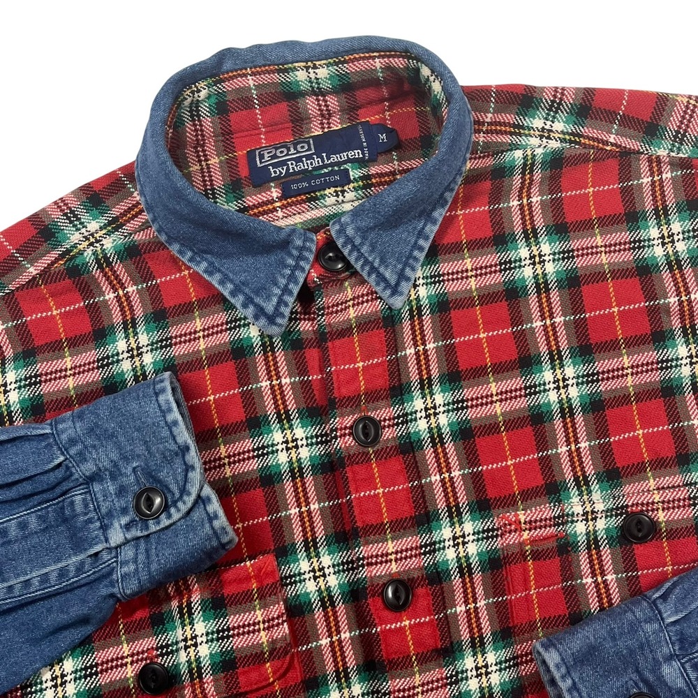 Polo Ralph Lauren Shirt Mens M Red Plaid Denim Mixed Media Vintage Button Up